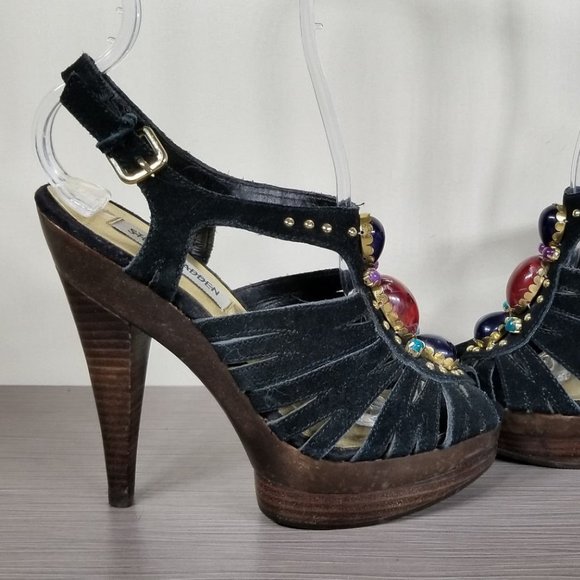 Steve Madden Tifanny Jewelled Platform Heels, Black Suede, Womens Size 5.5 M - Picture 7 of 11
